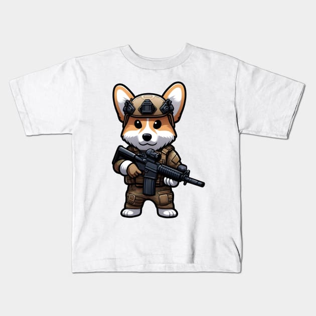 Tactical Corgi Kids T-Shirt by Rawlifegraphic